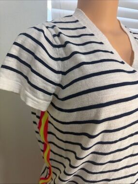 Lisa Todd Navy and White Striped V-Neck Sweater 100% cotton